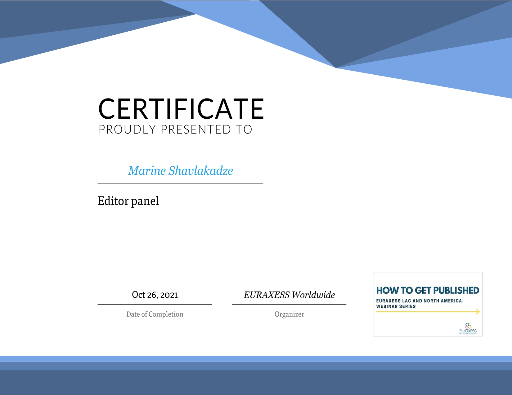Marine Shavlakadze, Associate Professor at THU, received a certificate at a webinar organized by EURAXESS Worldwide